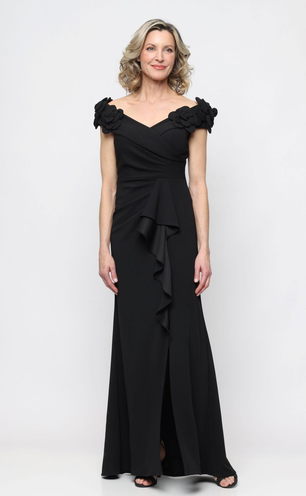 *Long Stretch Crepe Off the Shoulder Dress with 3-D Flower Detail