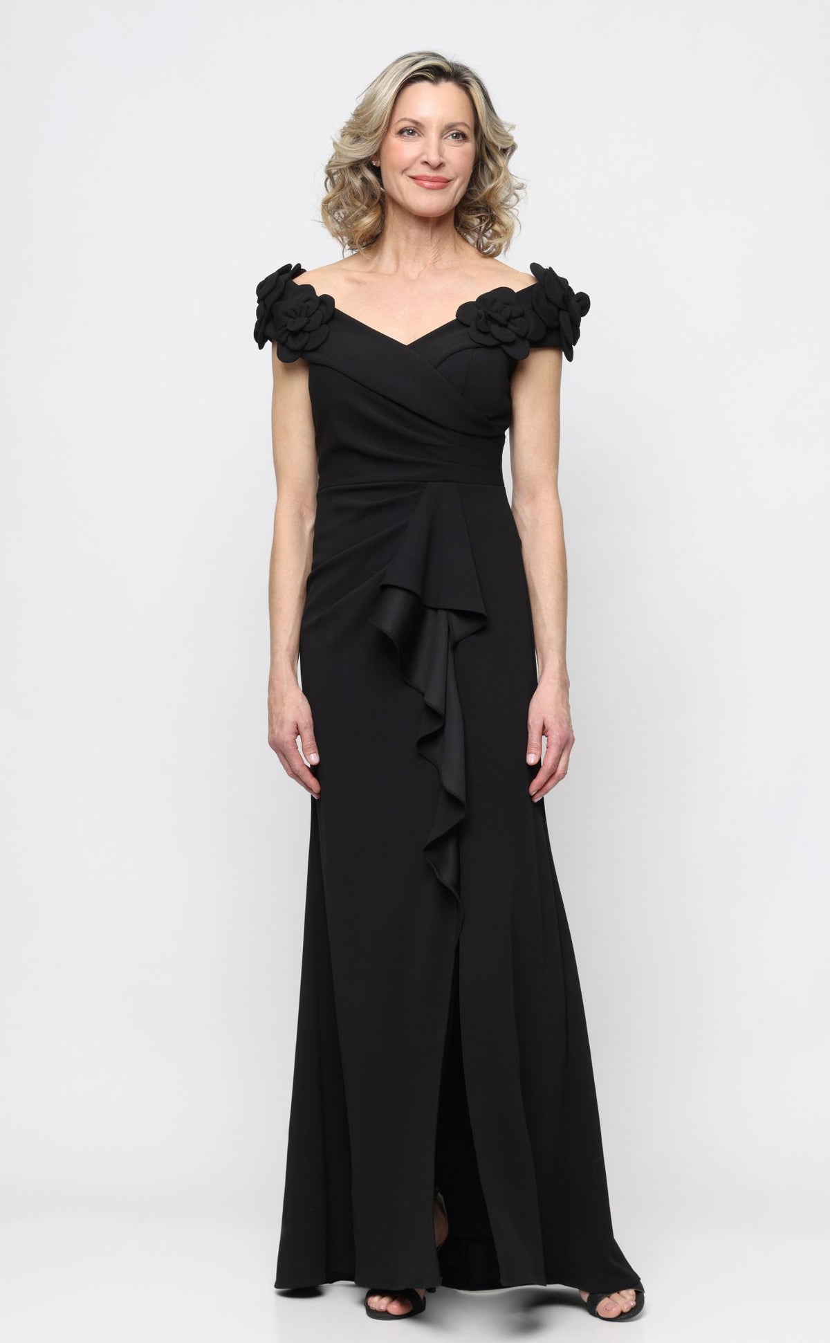 *Long Stretch Crepe Off the Shoulder Dress with 3-D Flower Detail