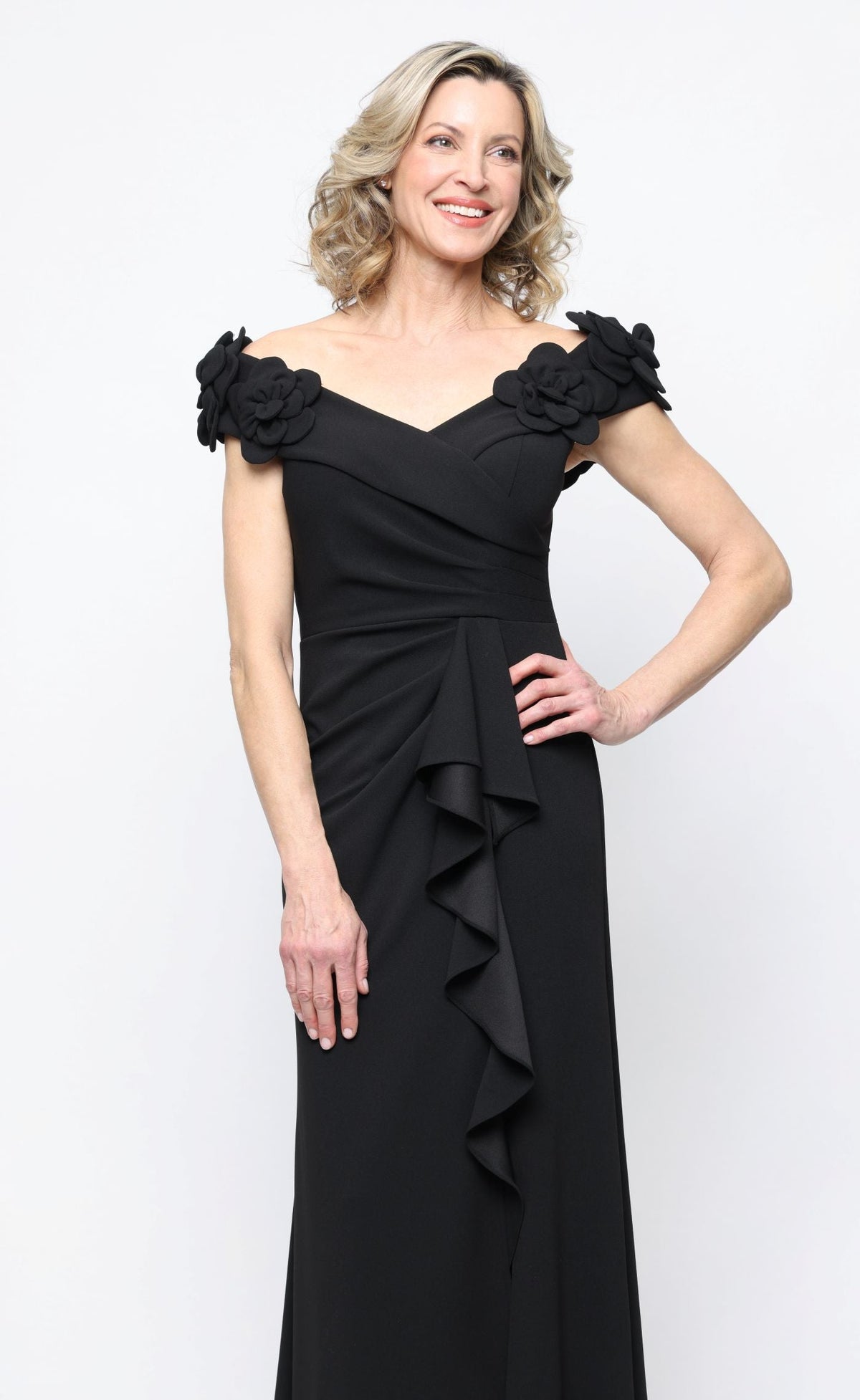 *Long Stretch Crepe Off the Shoulder Dress with 3-D Flower Detail
