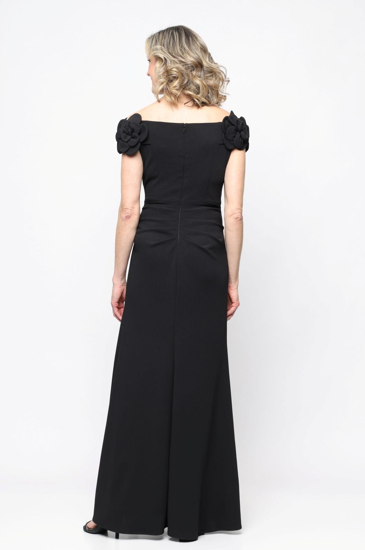 *Long Stretch Crepe Off the Shoulder Dress with 3-D Flower Detail