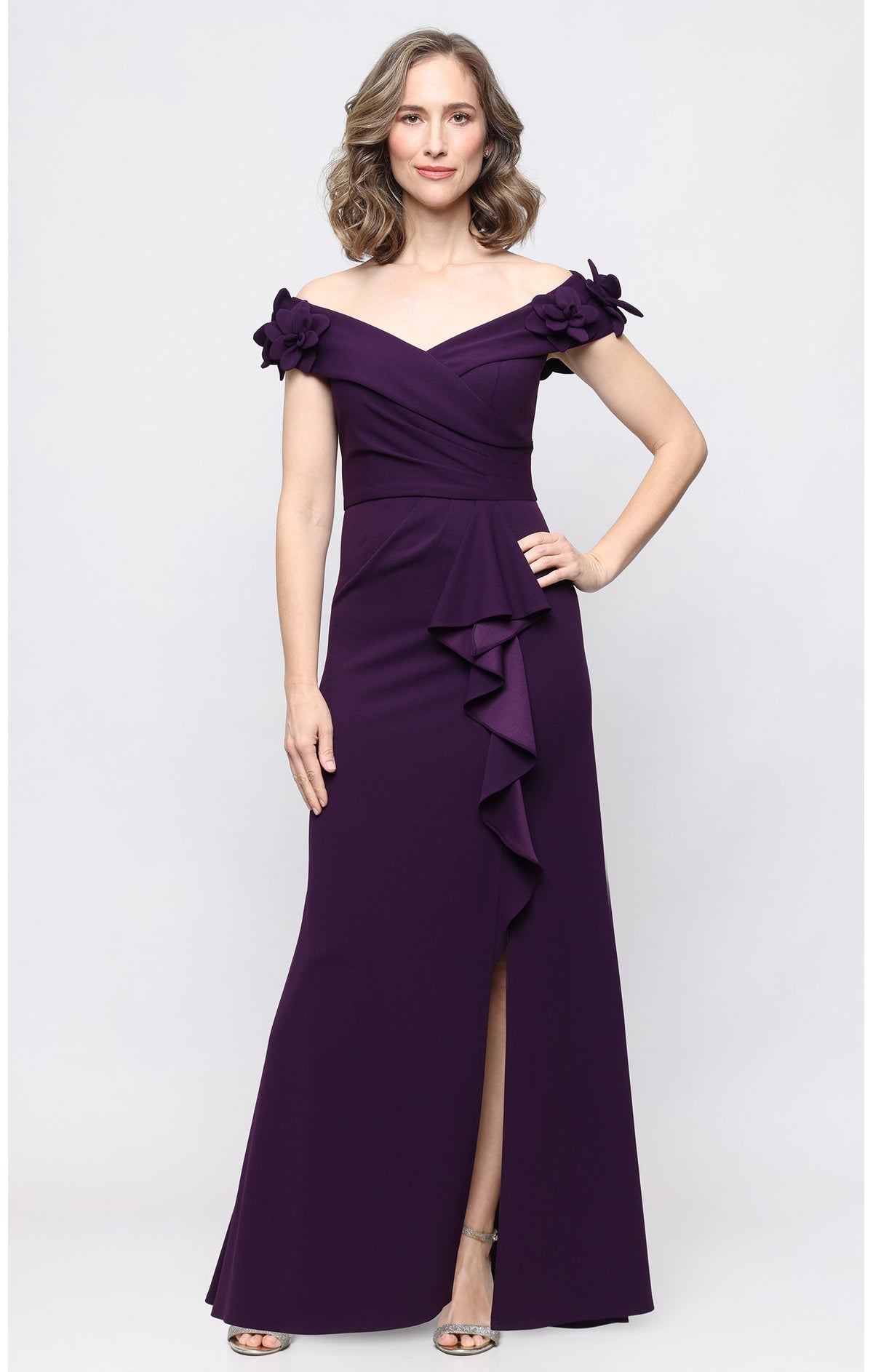 *Long Stretch Crepe Off the Shoulder Dress with 3-D Flower Detail