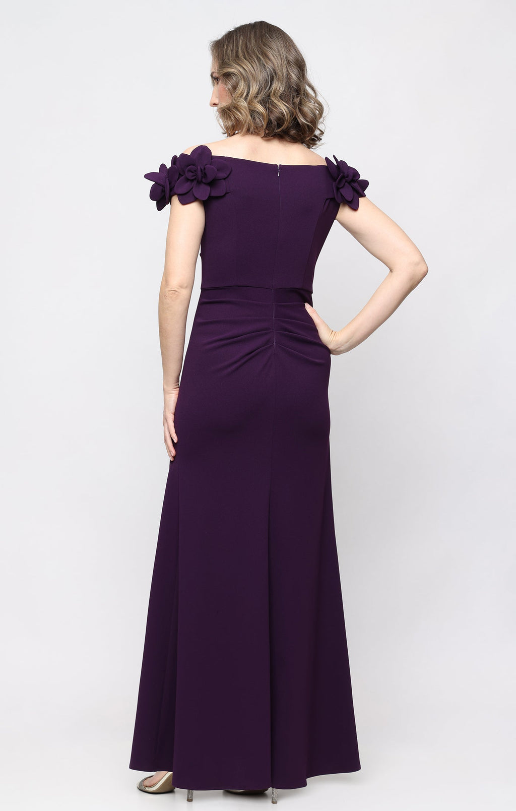 *Long Stretch Crepe Off the Shoulder Dress with 3-D Flower Detail