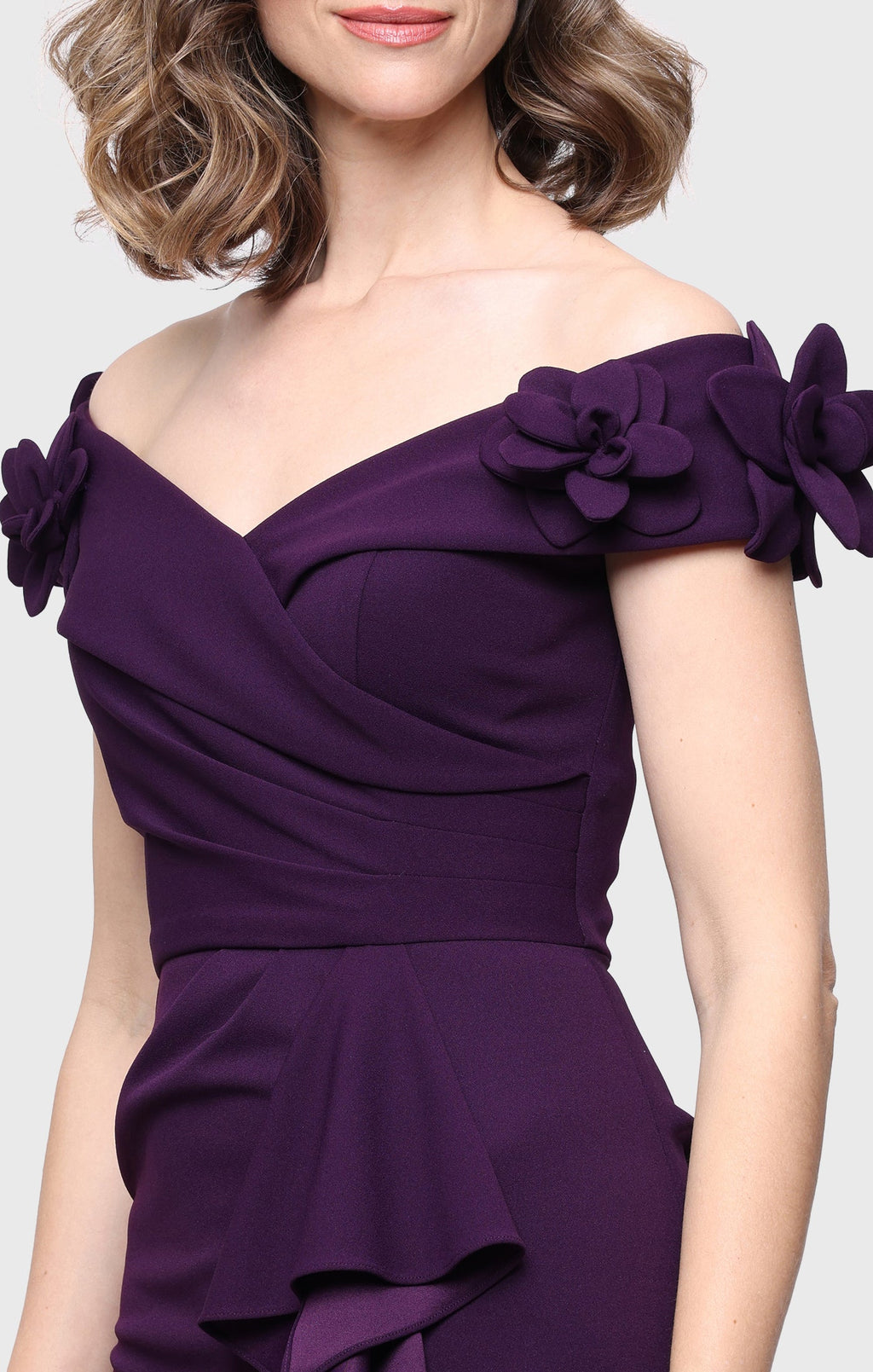 *Long Stretch Crepe Off the Shoulder Dress with 3-D Flower Detail