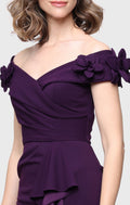 *Long Stretch Crepe Off the Shoulder Dress with 3-D Flower Detail