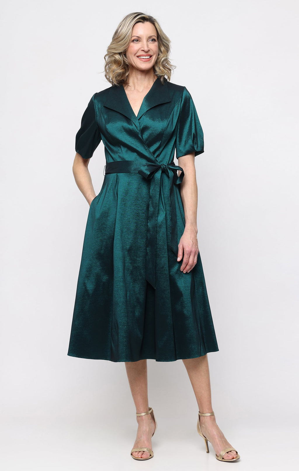 Stretch Taffeta Surplice-Neckline A-Line Gown