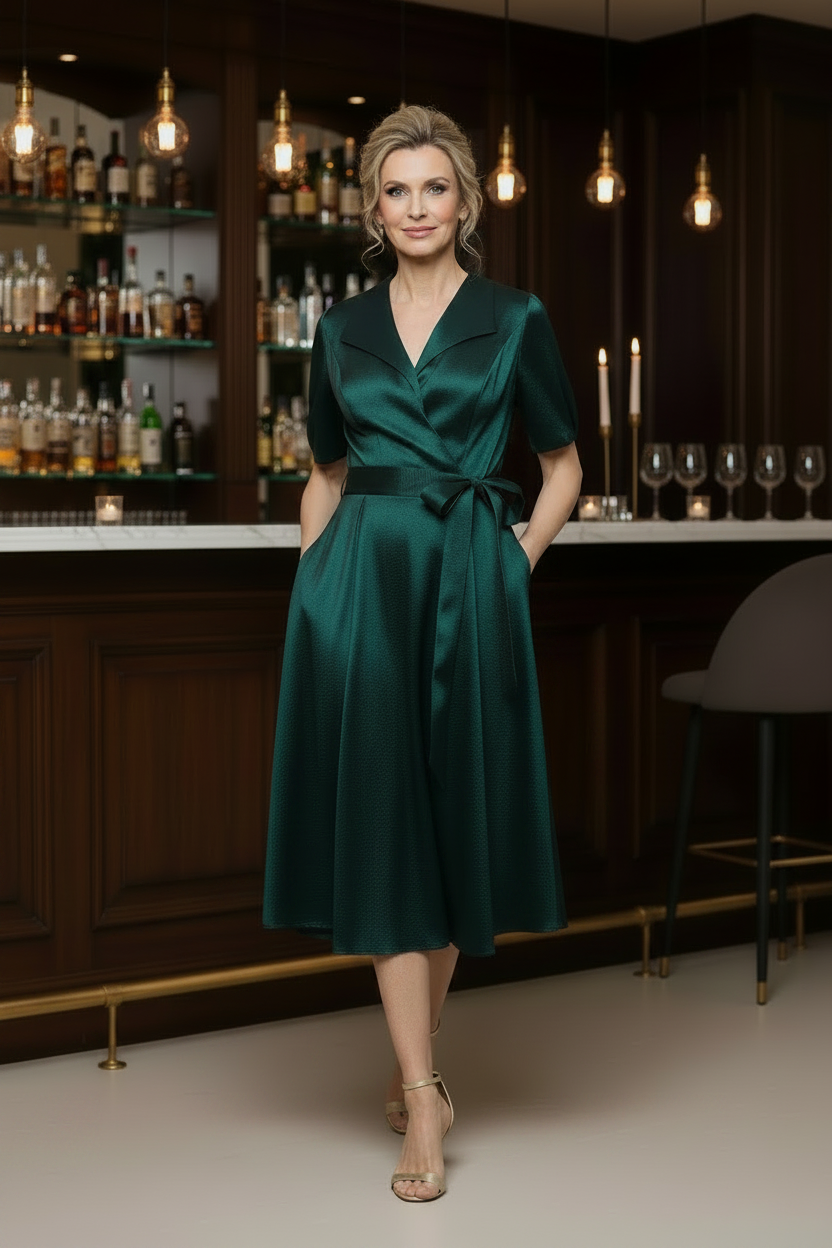 Stretch Taffeta Surplice-Neckline A-Line Gown