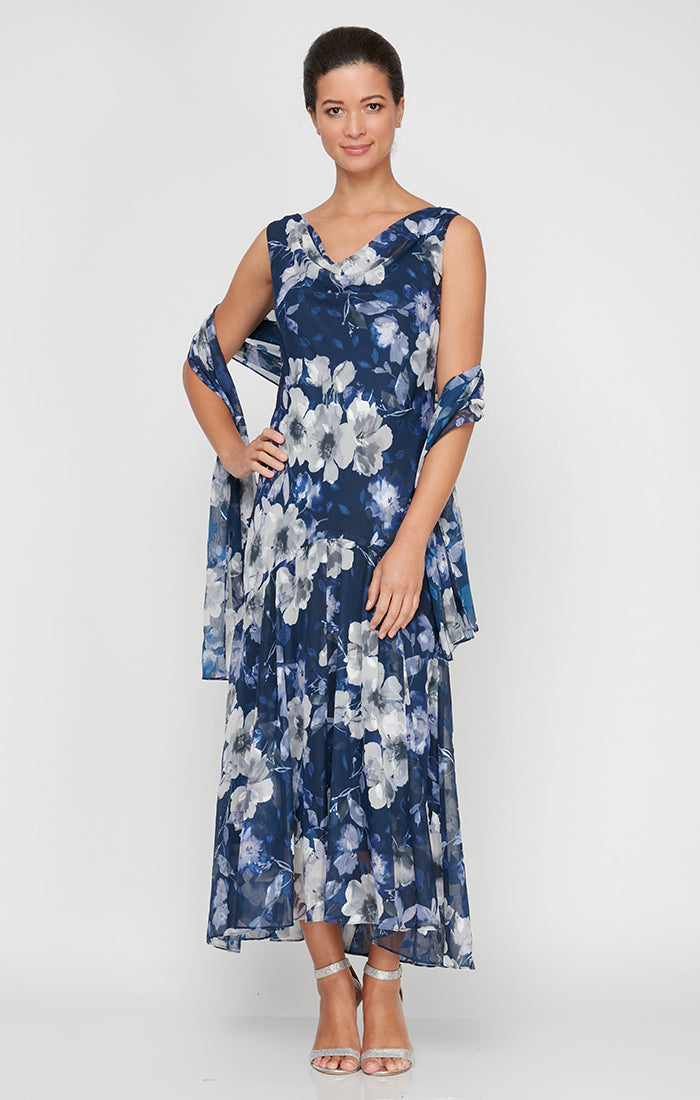 Emma Printed Cowl-Neck A-Line Dress