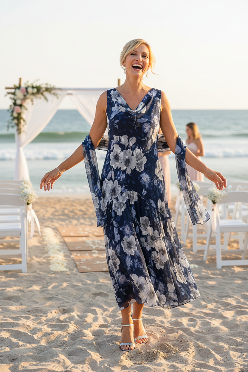 Emma Printed Cowl-Neck A-Line Dress