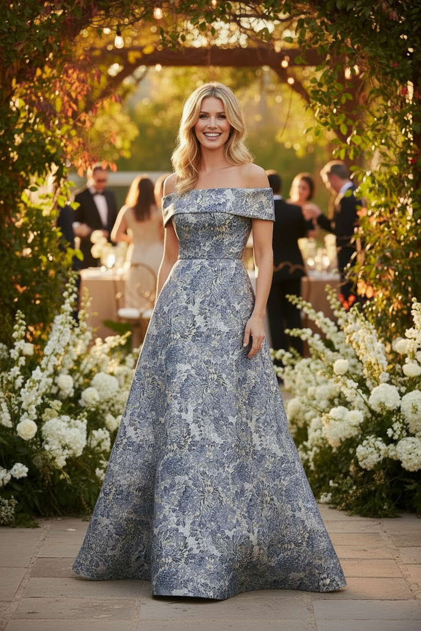 Melanie Printed Jacquard Off-The-Shoulder Ball Gown