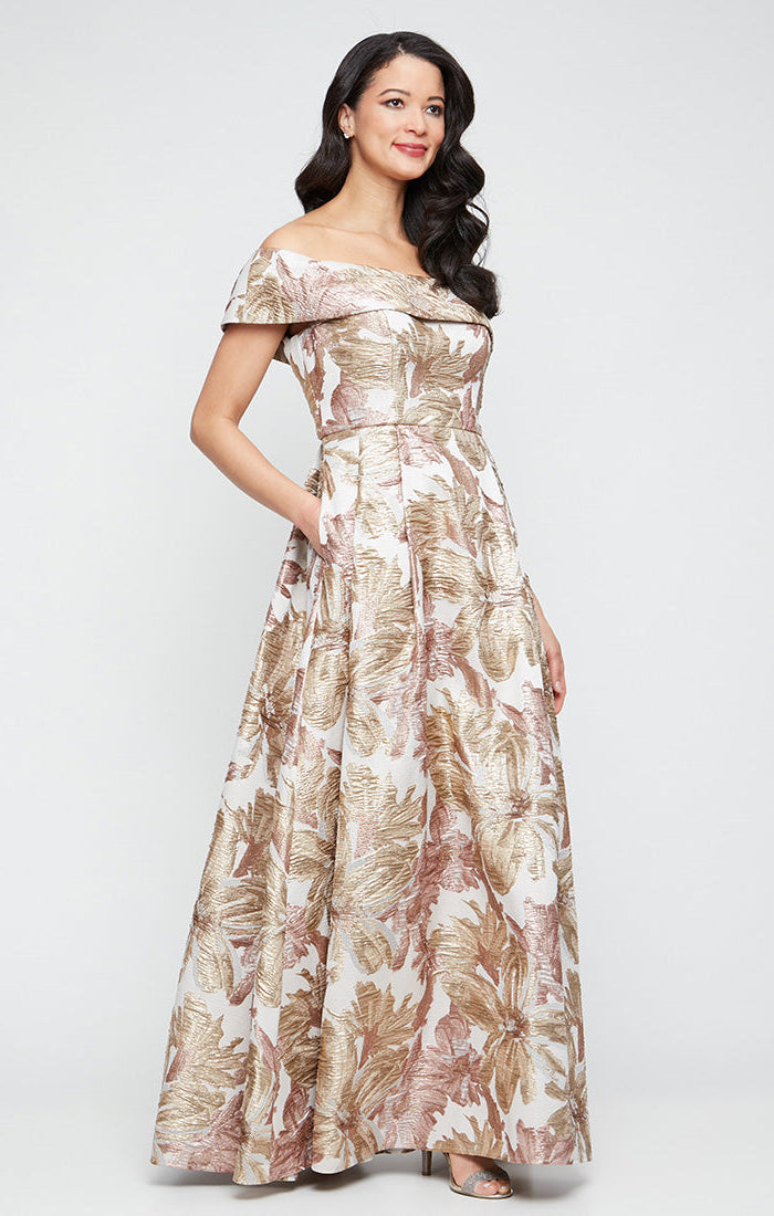 Metallic Floral & Printed Jacquard Off-The-Shoulder Ball Gown