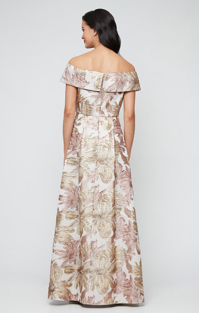 Metallic Floral & Printed Jacquard Off-The-Shoulder Ball Gown