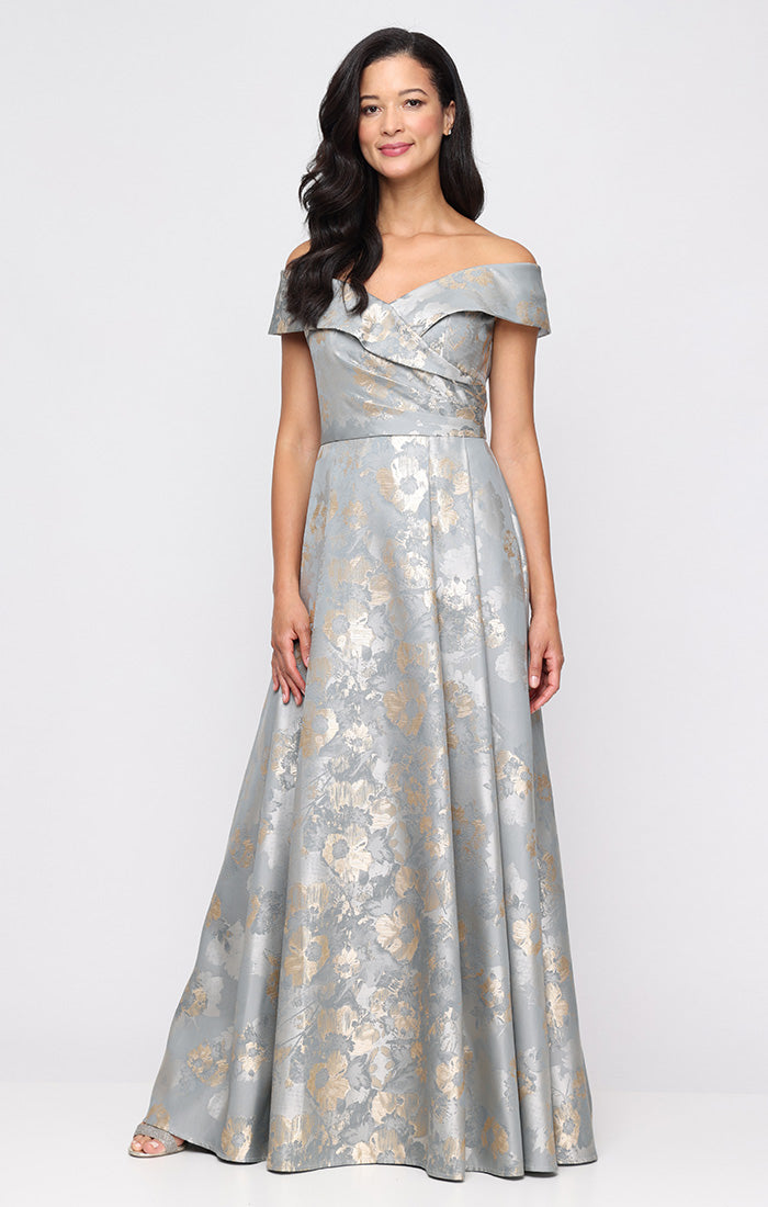 *Long Printed Jacquard Off the Shoulder Gown