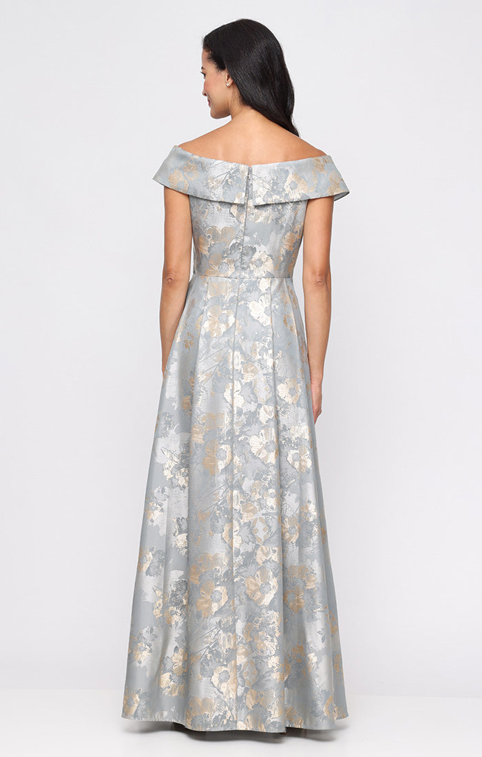 *Long Printed Jacquard Off the Shoulder Gown