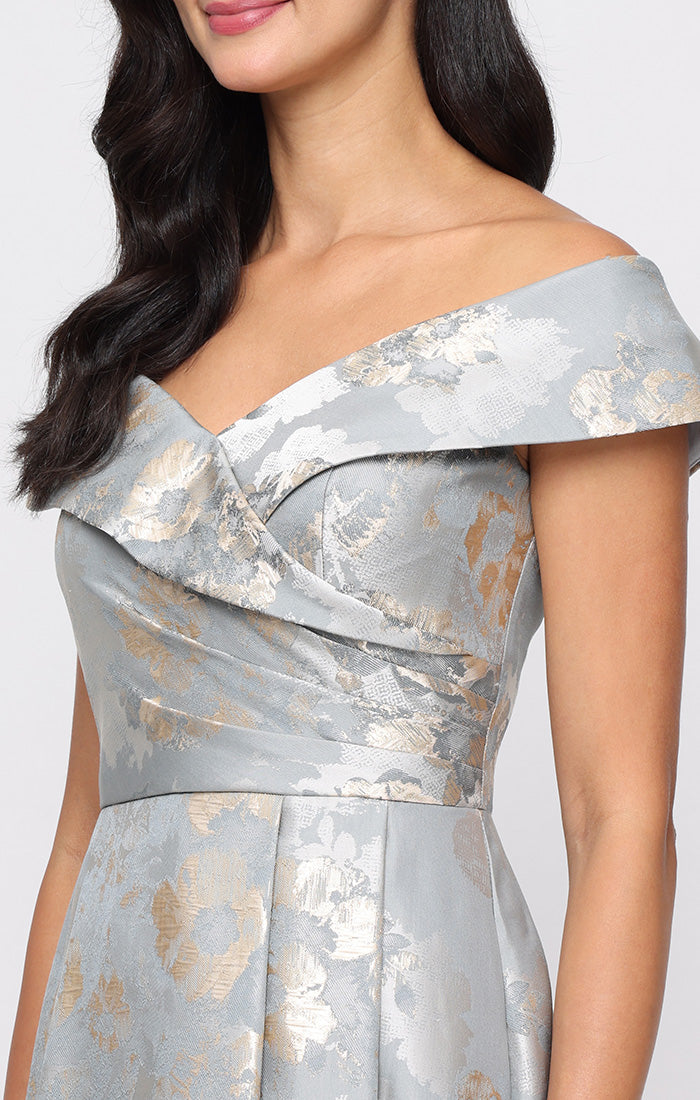 *Long Printed Jacquard Off the Shoulder Gown