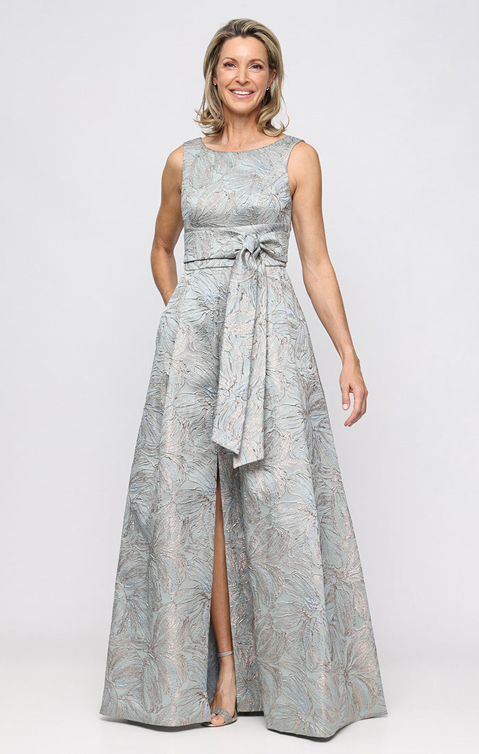 Printed Jacquard Crew-Neck A-Line Gown