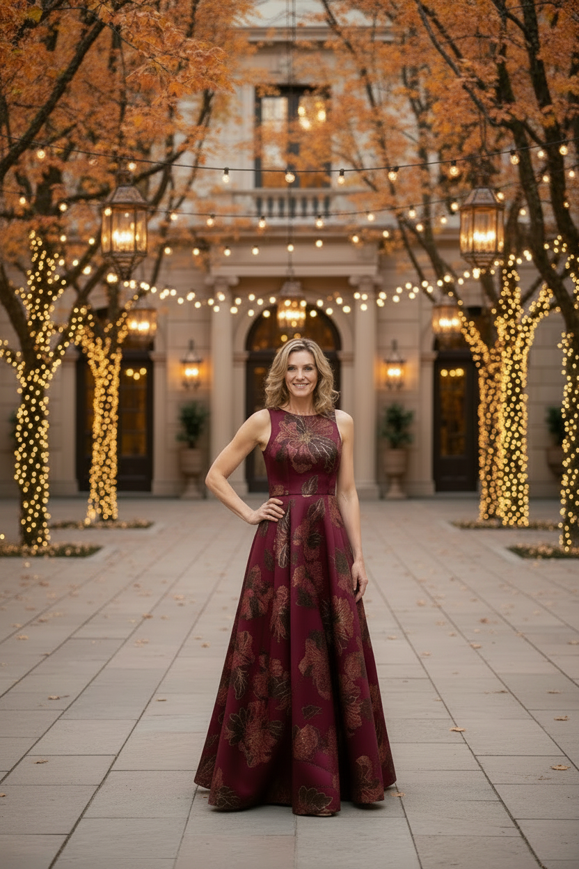 Margot Jacquard Crew-Neck A-Line Gown