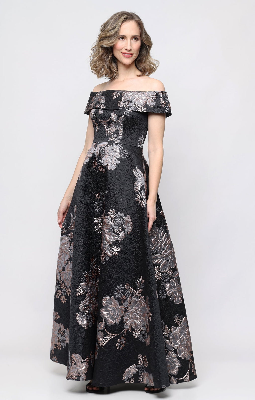 *Long Jacquard Off the Shoulder Gown with Foldover Neckline