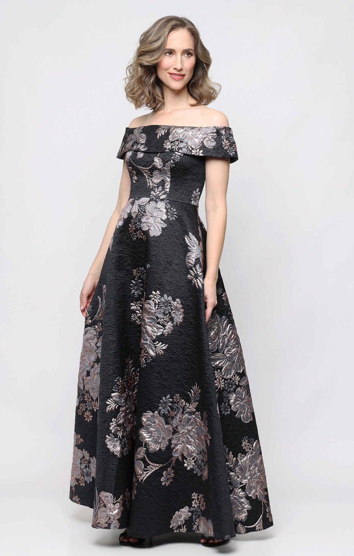 *Long Jacquard Off the Shoulder Gown with Foldover Neckline