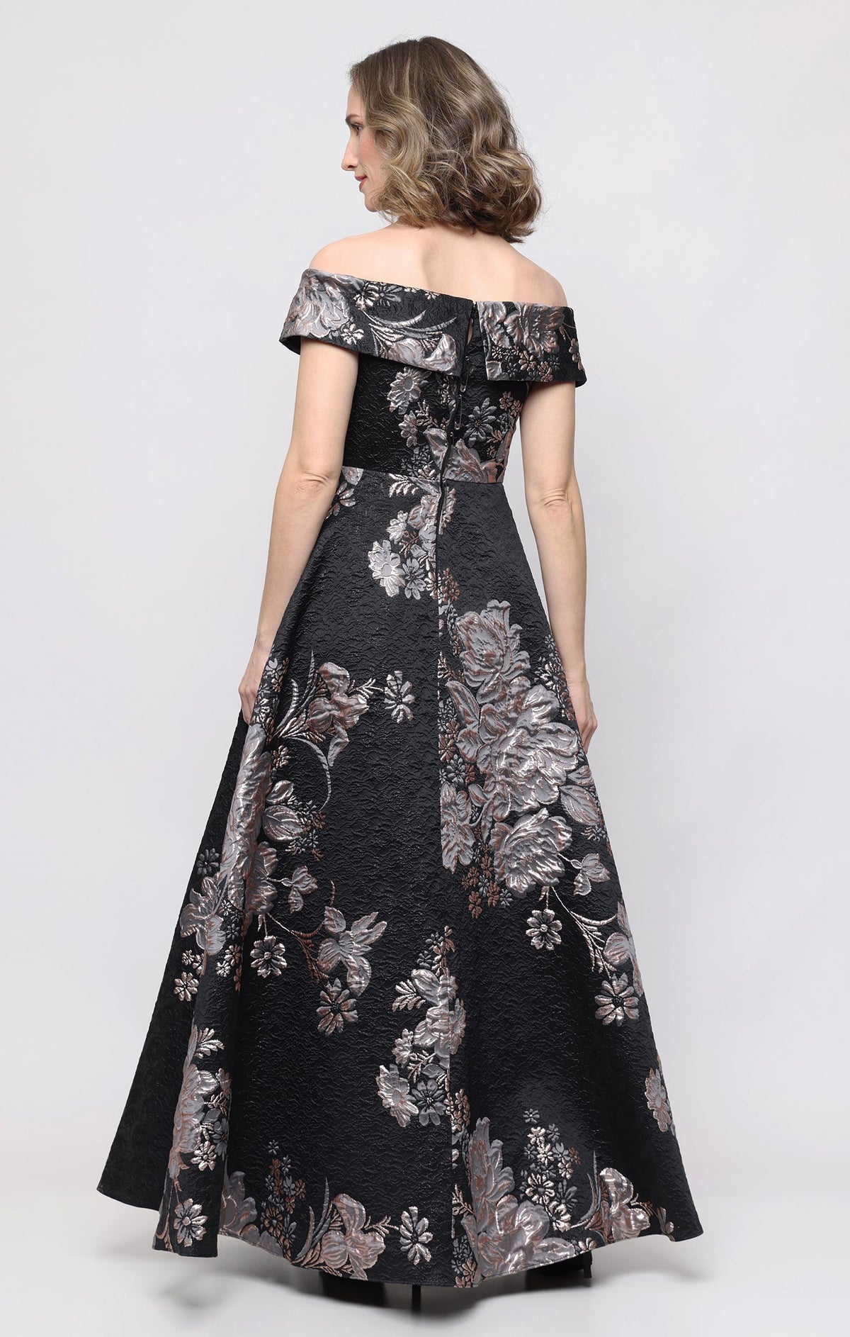 *Long Jacquard Off the Shoulder Gown with Foldover Neckline