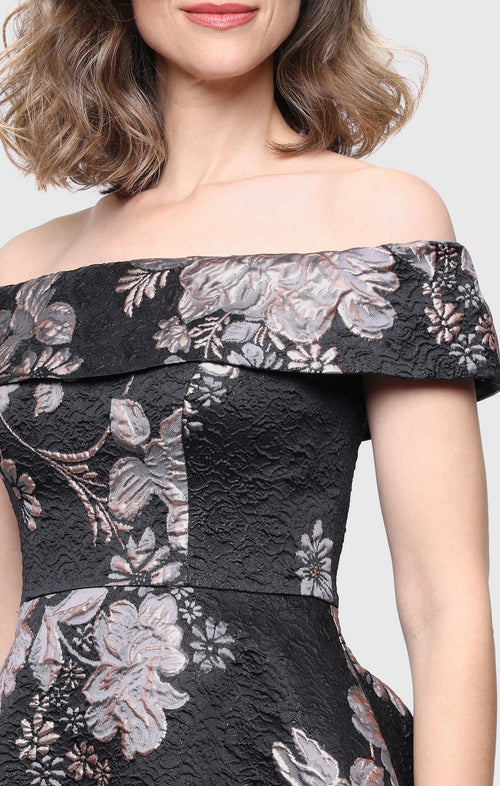*Long Jacquard Off the Shoulder Gown with Foldover Neckline