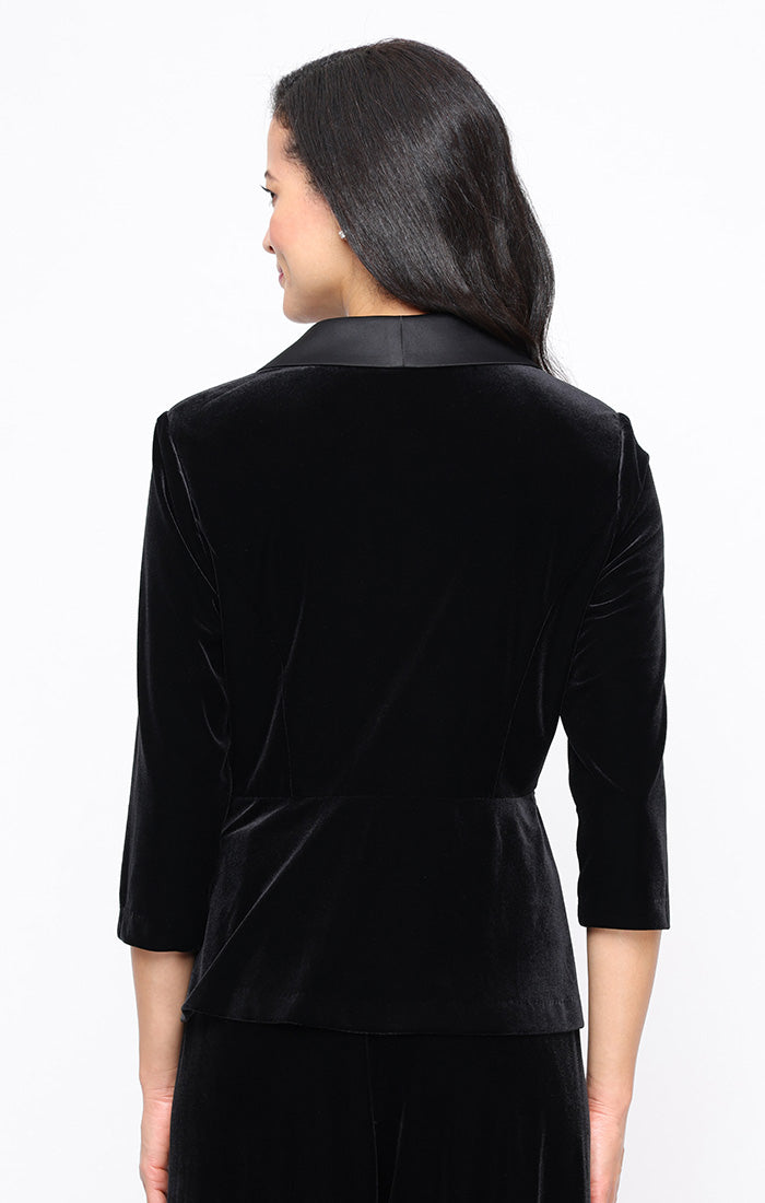 3/4 Sleeve Stretch Velvet Blouse with Satin Collar