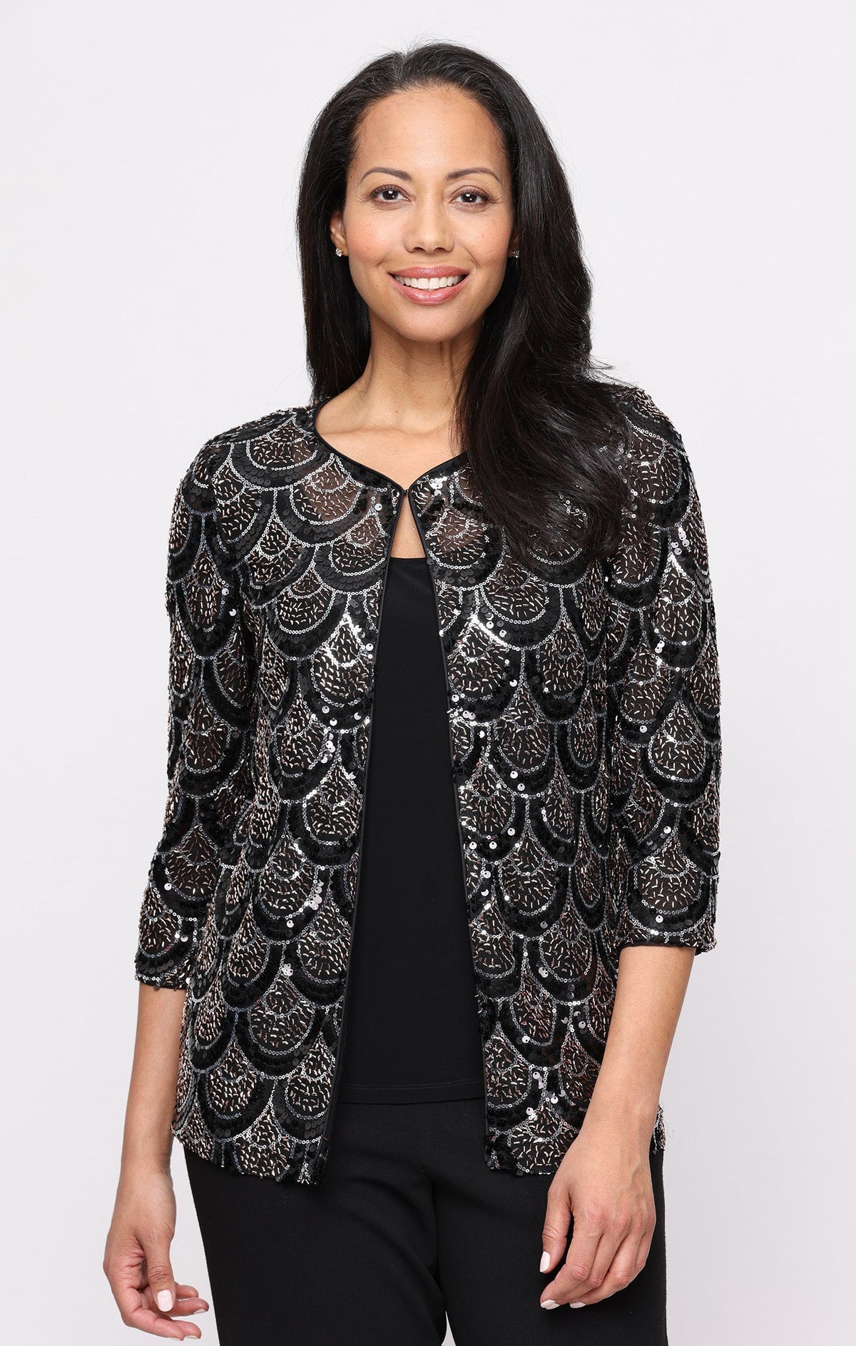 3/4 Sleeve Sequin Mock Twinset With Attached Jacket