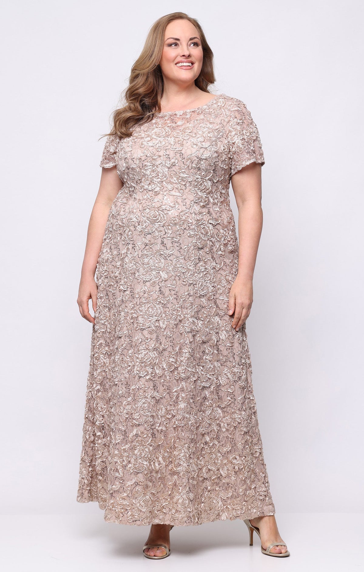 Plus Tiffany Soutache Sequin Lace Illusion-Neckline A-Line Gown