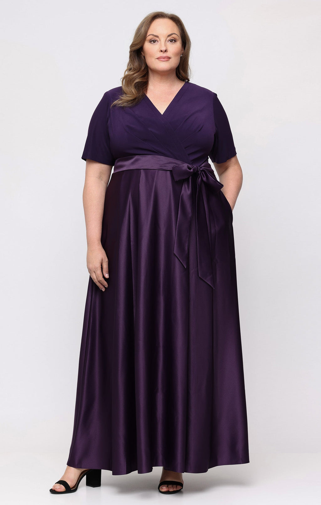 Plus Jersey & Satin Surplice-Neckline Ball Gown
