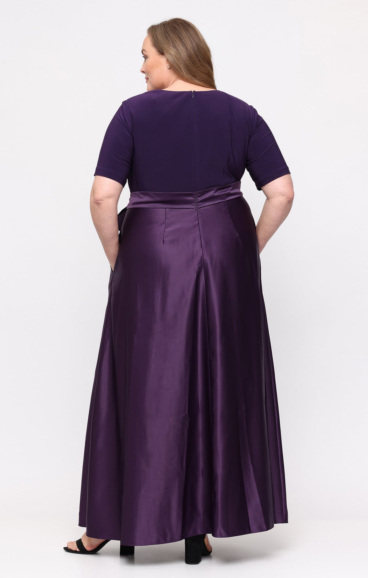 Plus Jersey & Satin Surplice-Neckline Ball Gown