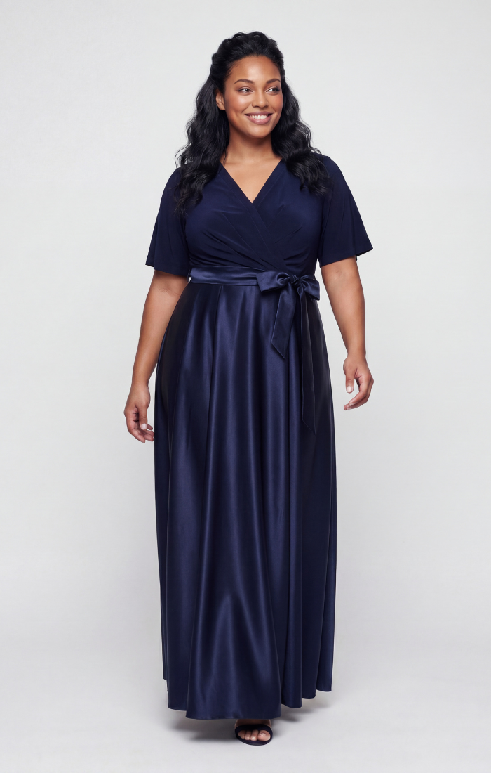 Plus Jersey & Satin Surplice-Neckline Ball Gown