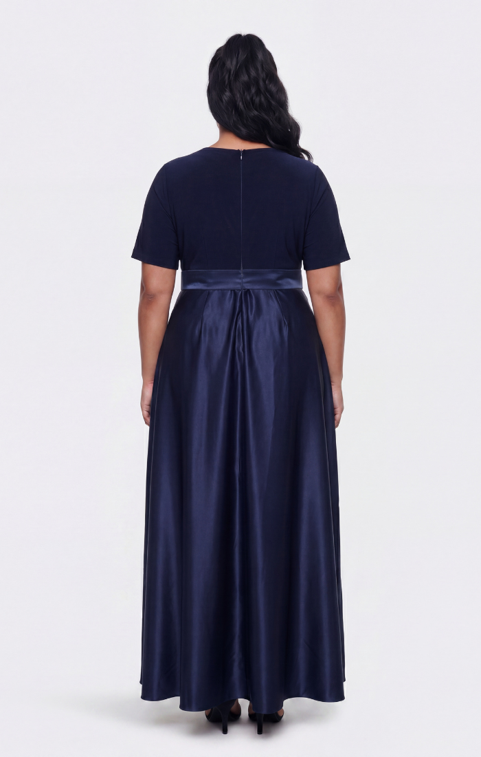 Plus Jersey & Satin Surplice-Neckline Ball Gown