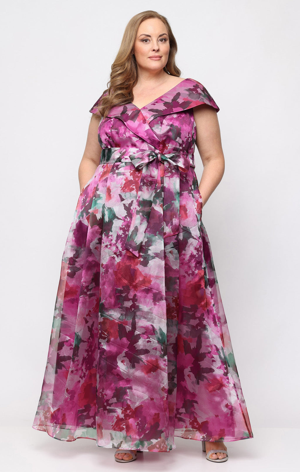 Plus Stacey Organza Portrait-Collar Ball Gown